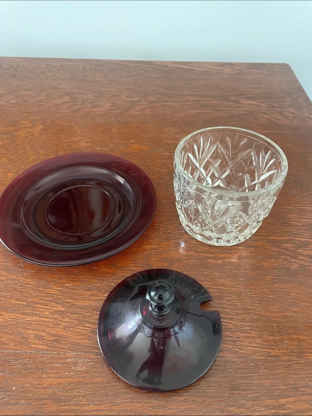 Ruby Red Glass Covered Sugar Bowl with Underplate - or jelly jar